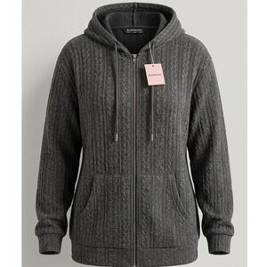 BloomChic Plus Sz UK 28 US 4X Grey Cable Knit Hood Zip Sweater Utility Gorpcore